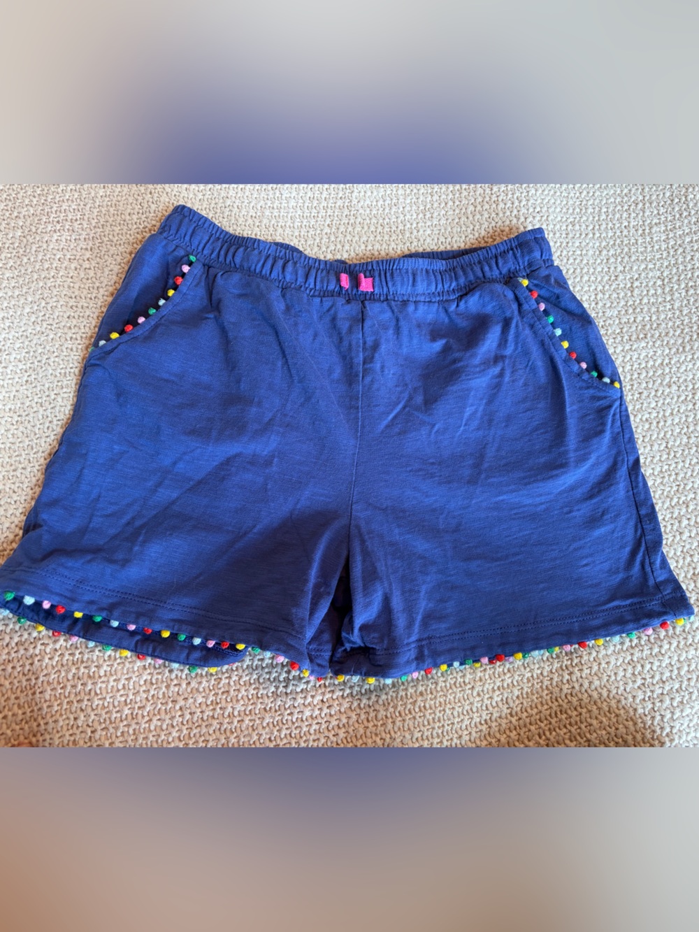 Mini Boden Navy Shorts with Multicolor Pom-Pom Trim